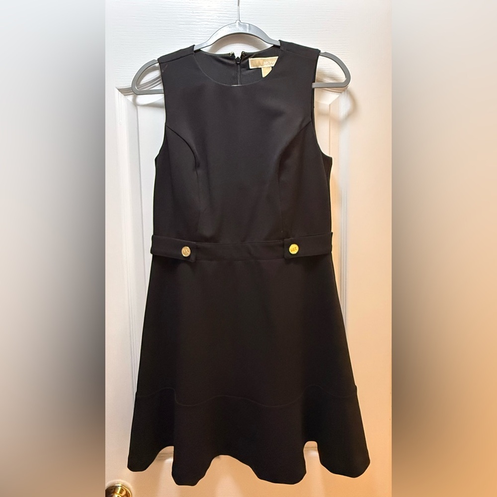 Michael Kors Black Dress Structured bodice, gold button accents, classic black